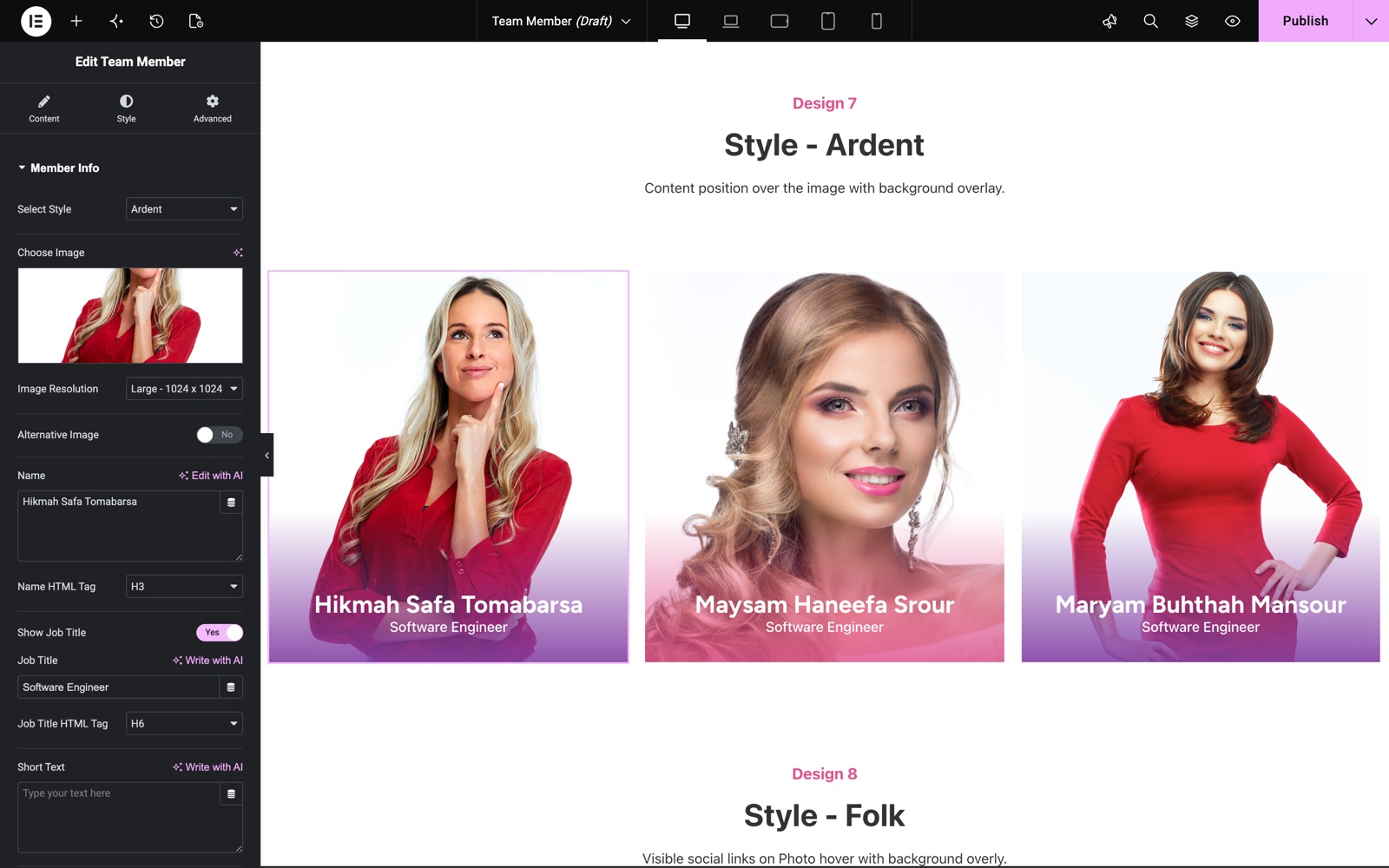 Elementor team member widget with the Ardent style and the Member Info section