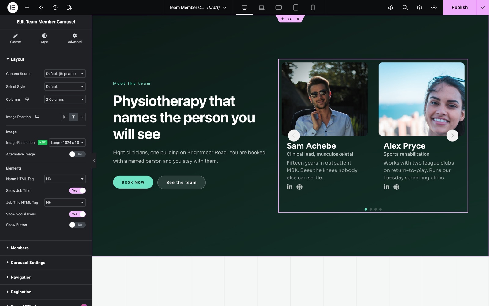 Elementor team carousel Layout section with content source, style and columns