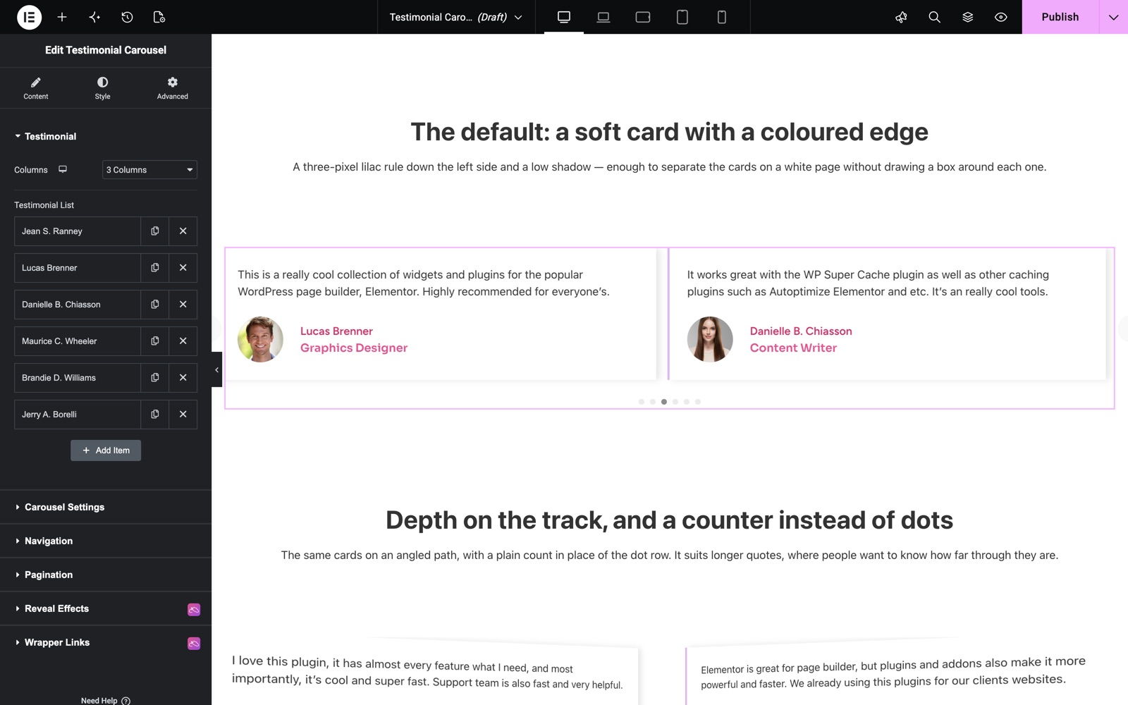 Elementor testimonial carousel with the Testimonial List repeater and columns