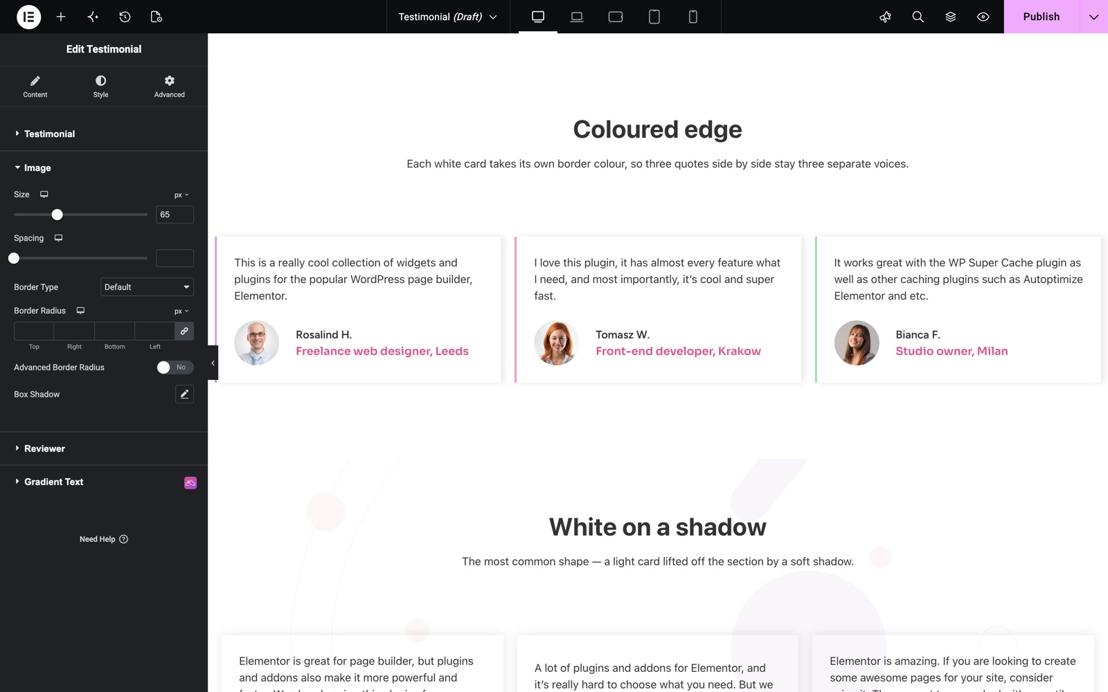 Testimonial Image style with size, spacing, border radius and advanced border radius
