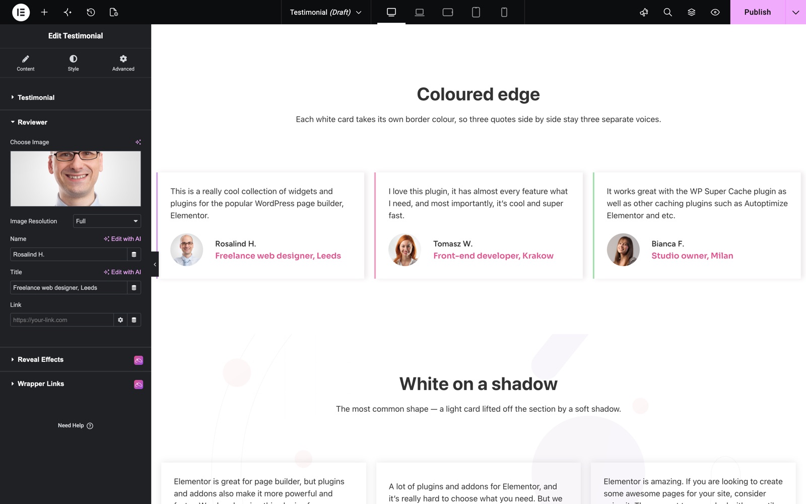 Elementor testimonial widget Reviewer section with image, name, title and link