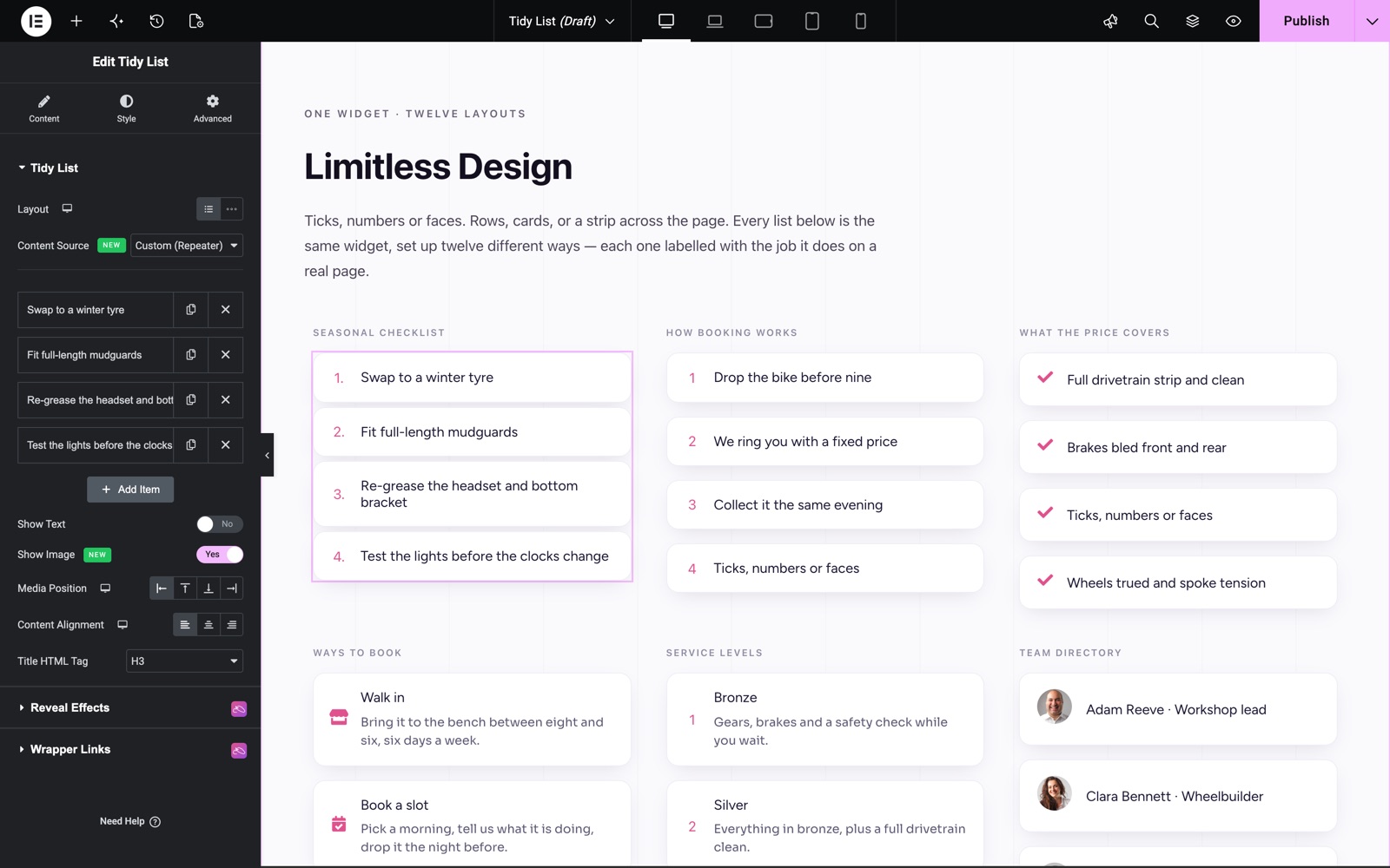 Elementor tidy list widget with four numbered items and the Block layout