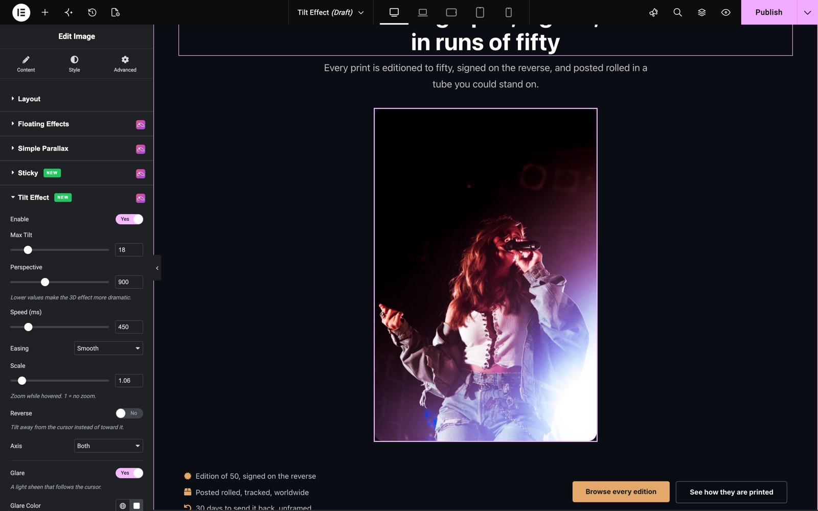 Elementor tilt effect settings on an image with max tilt, perspective and glare