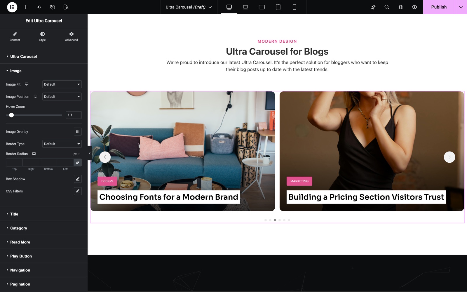 Ultra Carousel Image style with image fit, hover zoom and image overlay