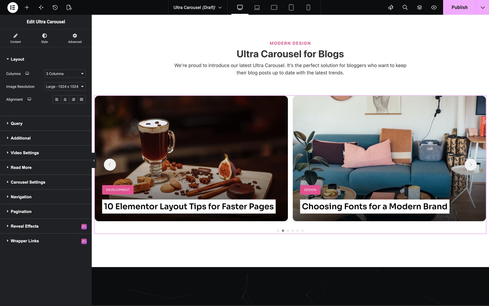 Elementor post carousel Ultra Carousel Layout section with columns and image resolution