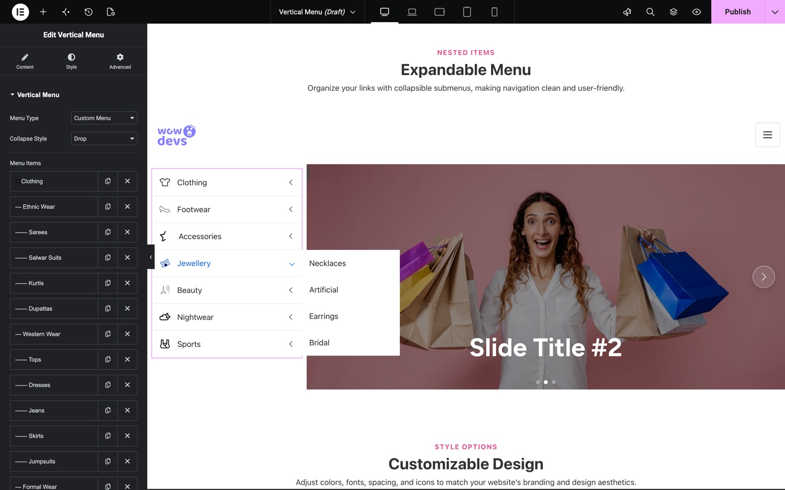 Elementor vertical menu widget with a custom menu and the Drop collapse style