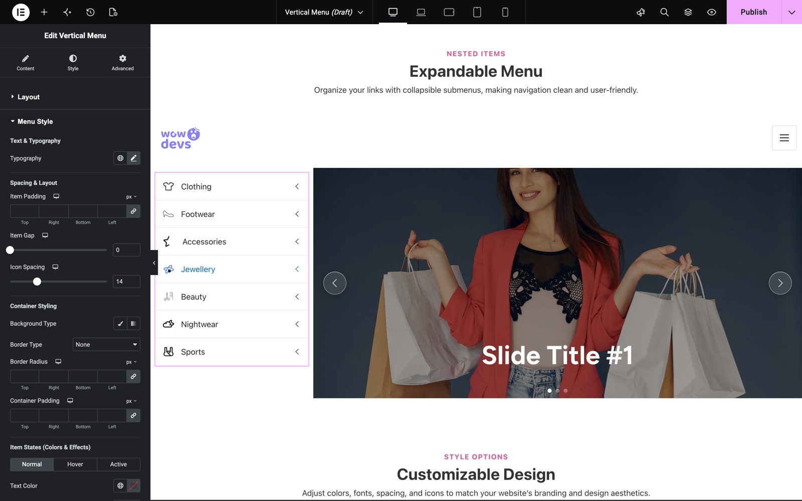 Vertical Menu Menu Style section with item padding, item gap and item states