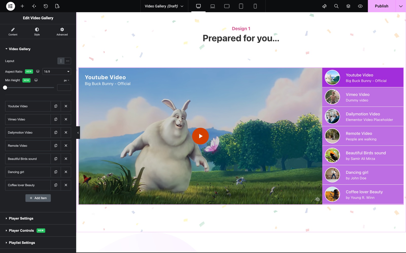 Elementor video gallery widget with layout, aspect ratio and the video list