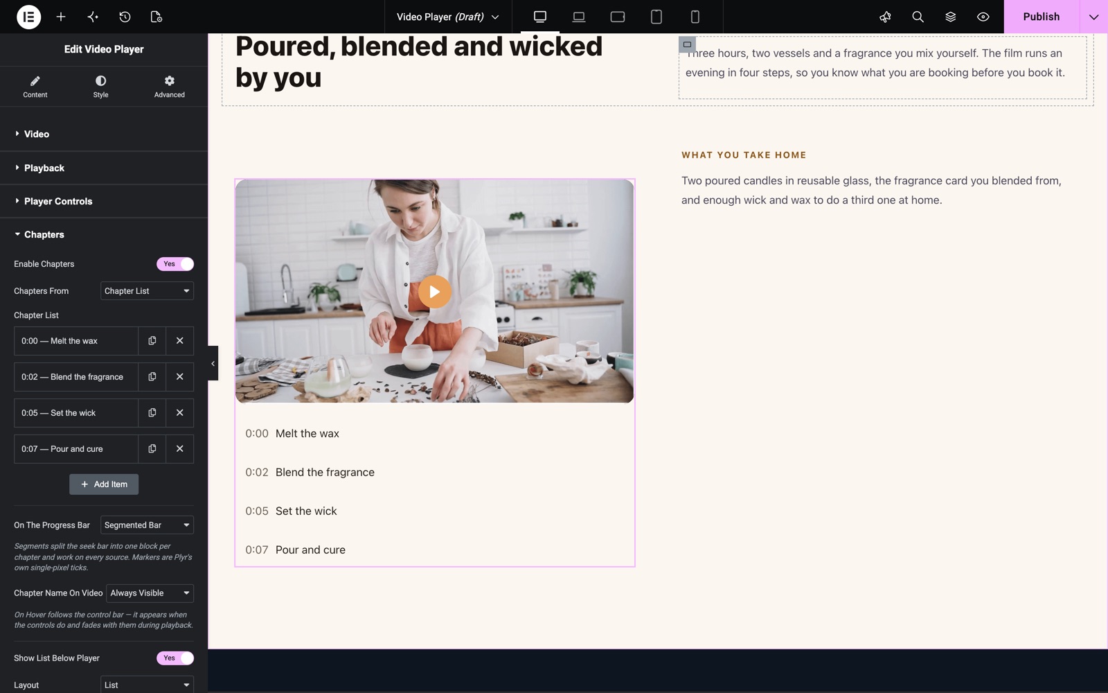 Video Player chapters with a chapter list and a segmented progress bar