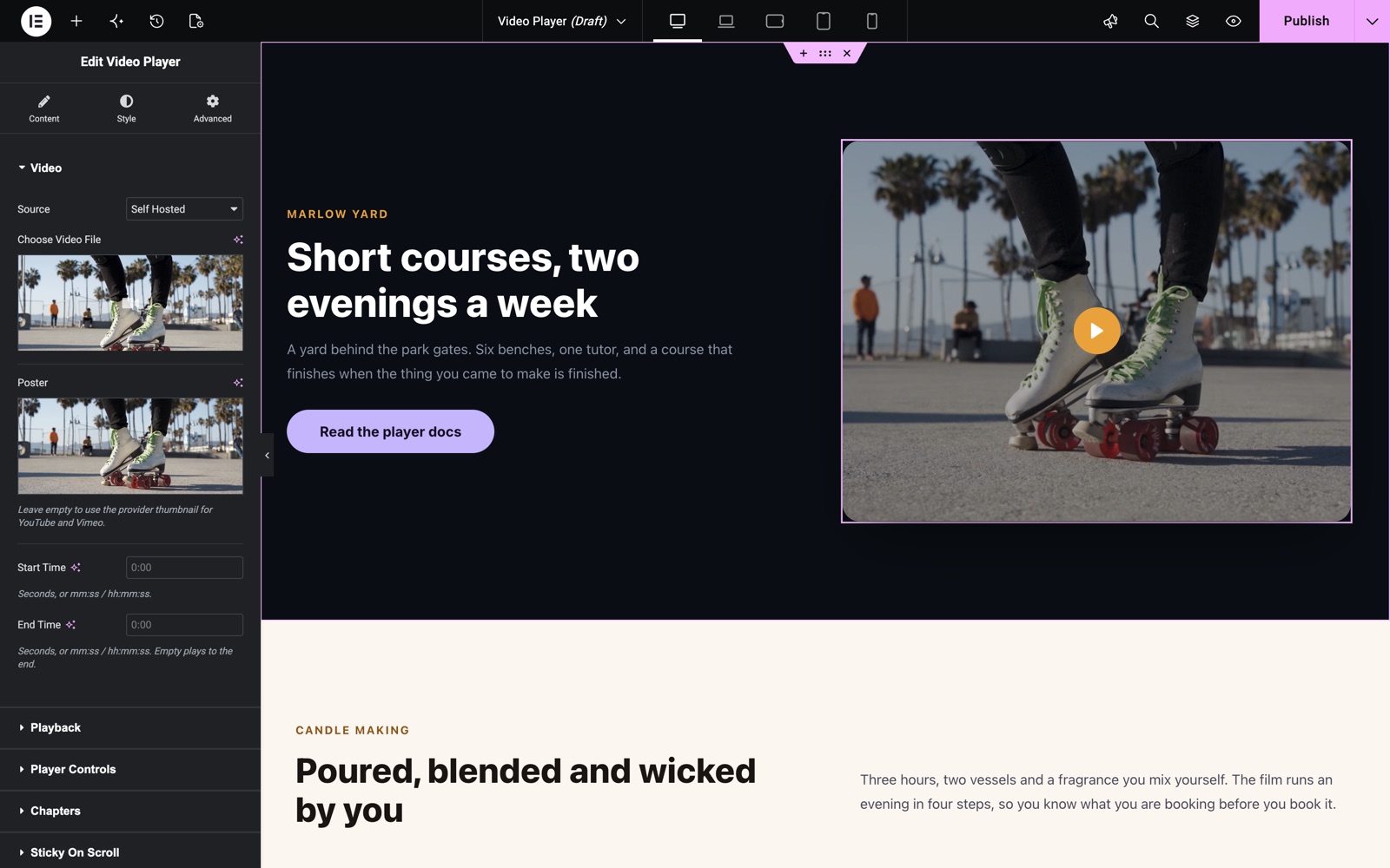 Elementor video player widget with a self-hosted video file and poster