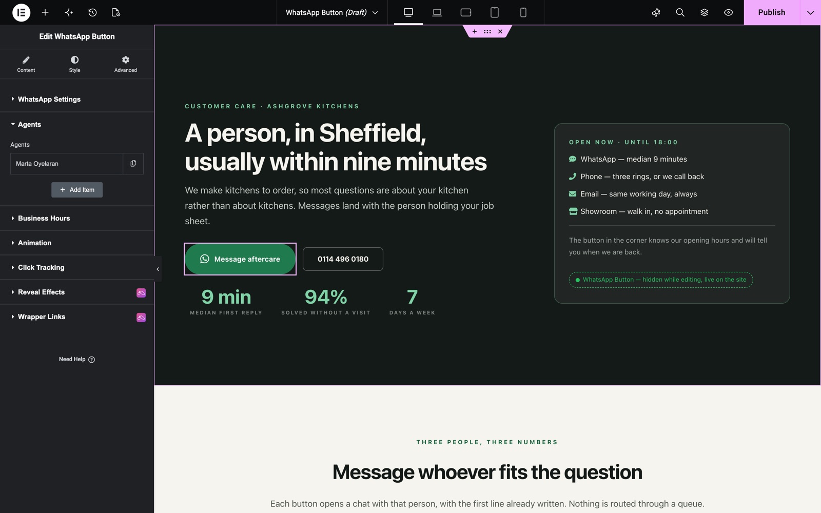 Elementor WhatsApp button widget Agents section with one agent