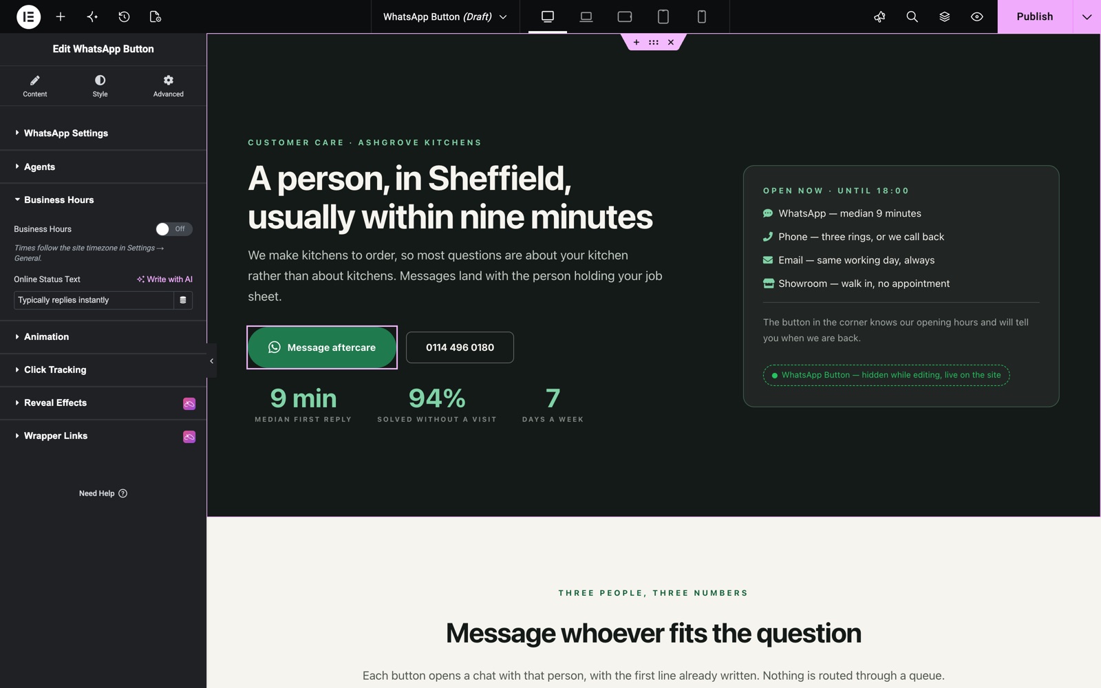 WhatsApp Button Business Hours section with the online status text