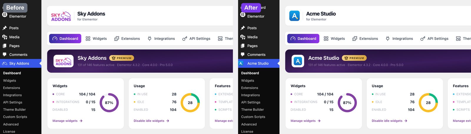 Sky Addons White Label before and after in the WordPress admin menu and dashboard header