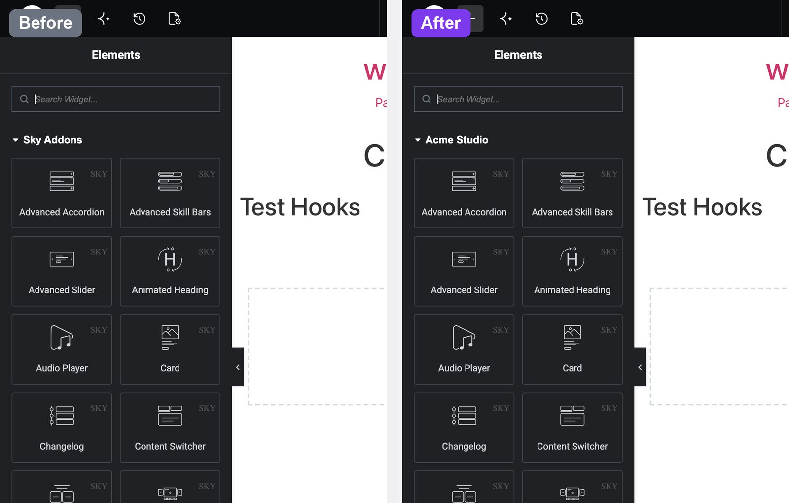 Sky Addons White Label before and after in the Elementor widget panel