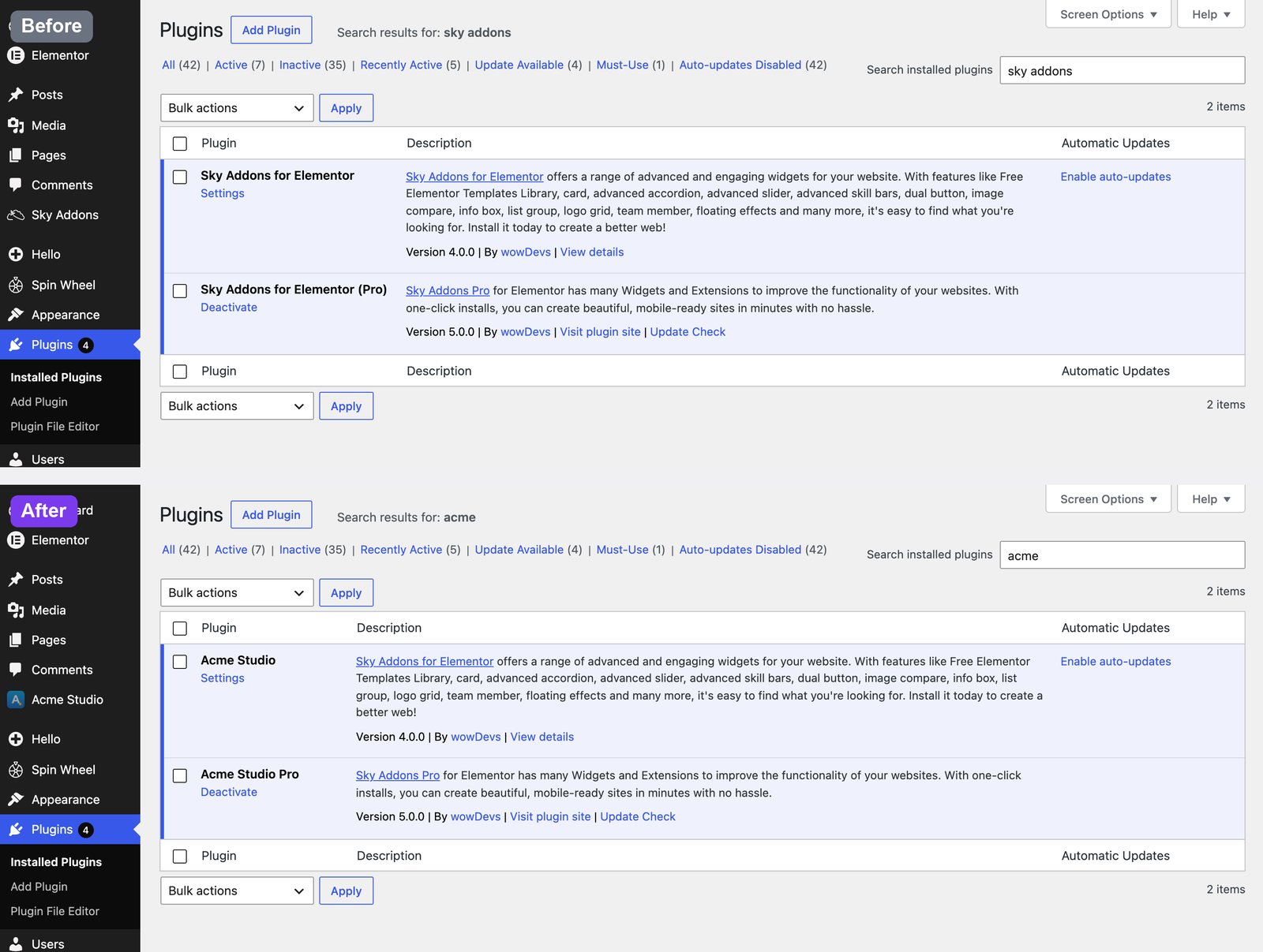 Sky Addons White Label before and after on the WordPress Plugins screen