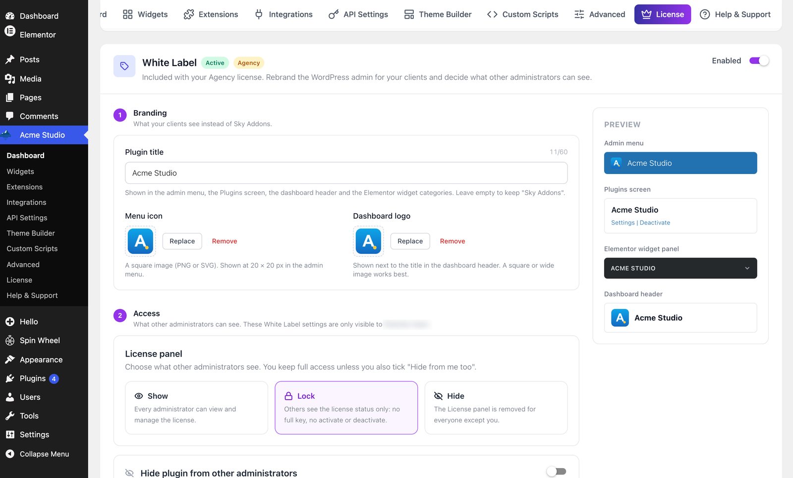 Sky Addons White Label settings with plugin title, menu icon, dashboard logo and live preview