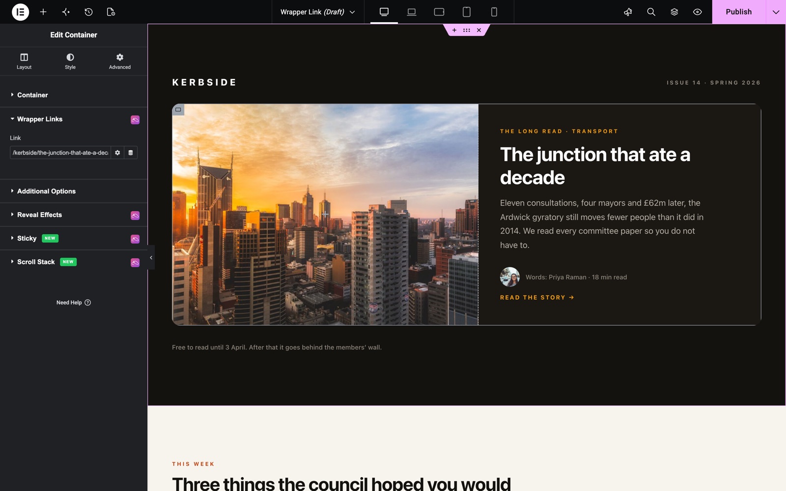 Elementor wrapper link settings on a container with a link to an article